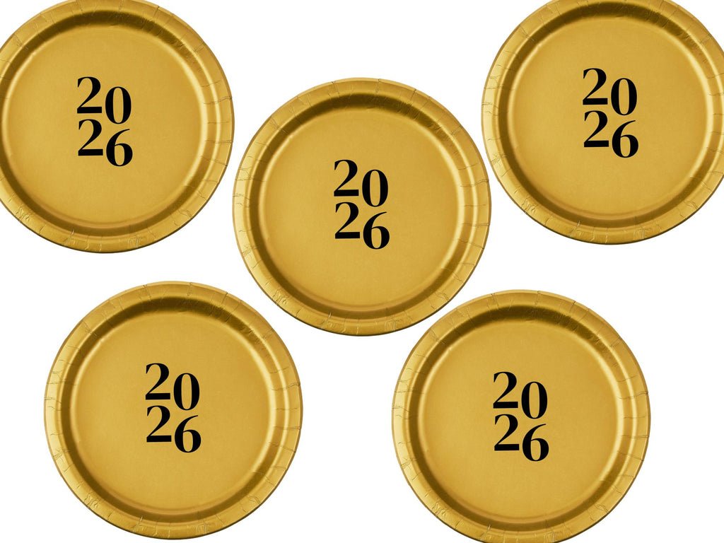 Gold 2026 Celebration Plates | Party Paper Tableware | Dinner and Dessert