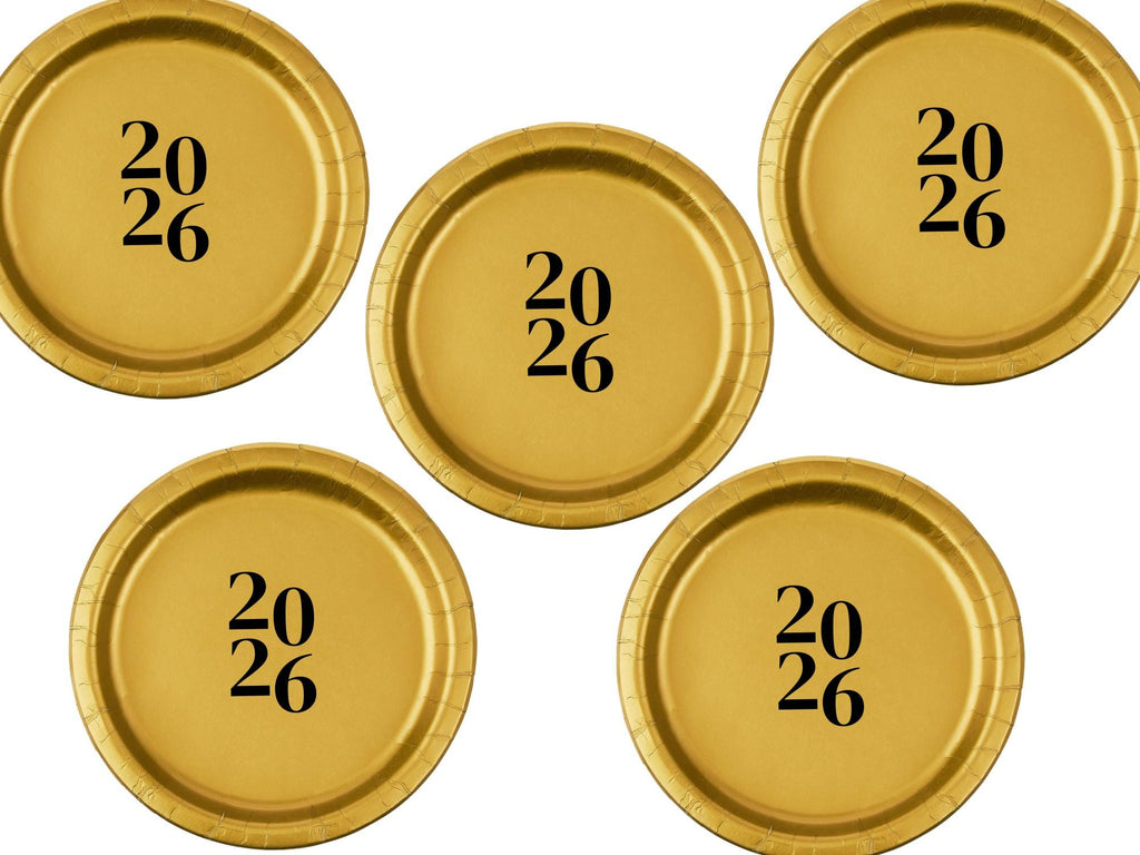 Gold 2026 Celebration Plates | Party Paper Tableware | Dinner and Dessert