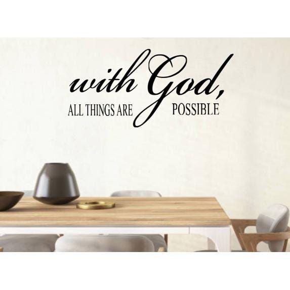 Religious Wall Decal, 'With God All Things Are Possible' Quote, 19x9 inches, Black