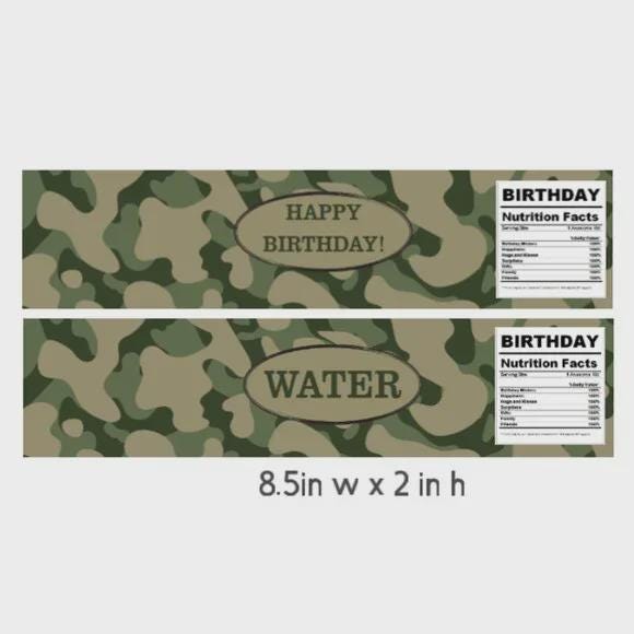 Military Camouflage Water Bottle Labels, Birthday Party Decorations, 8.5x2 in