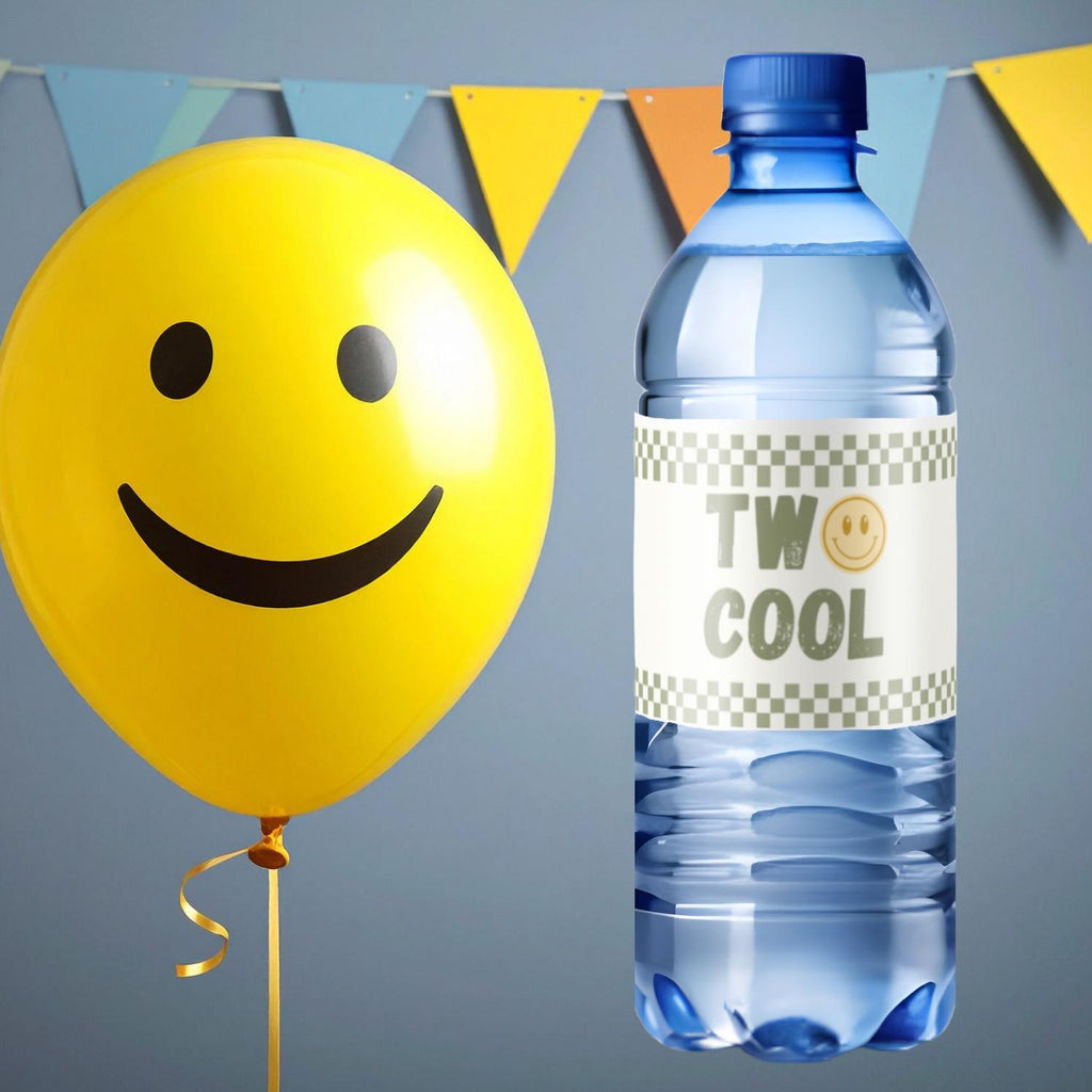 Two Cool 2nd Birthday Water Bottle Labels | Sports Party Table Accents | Smiley Face Theme | Glossy