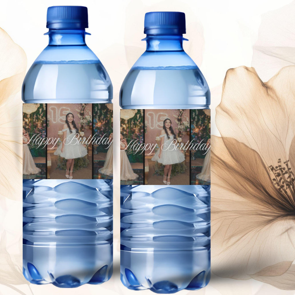 Personalized Birthday Water Bottle Labels | Photo Collage of 5 Pictures | Happy Birthday Cursive Font | Glossy