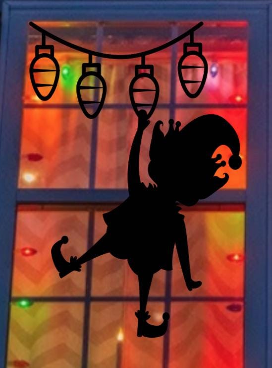 Christmas Elf Hanging Lights Window Cling | Large Silhouette Static Cling Décor
