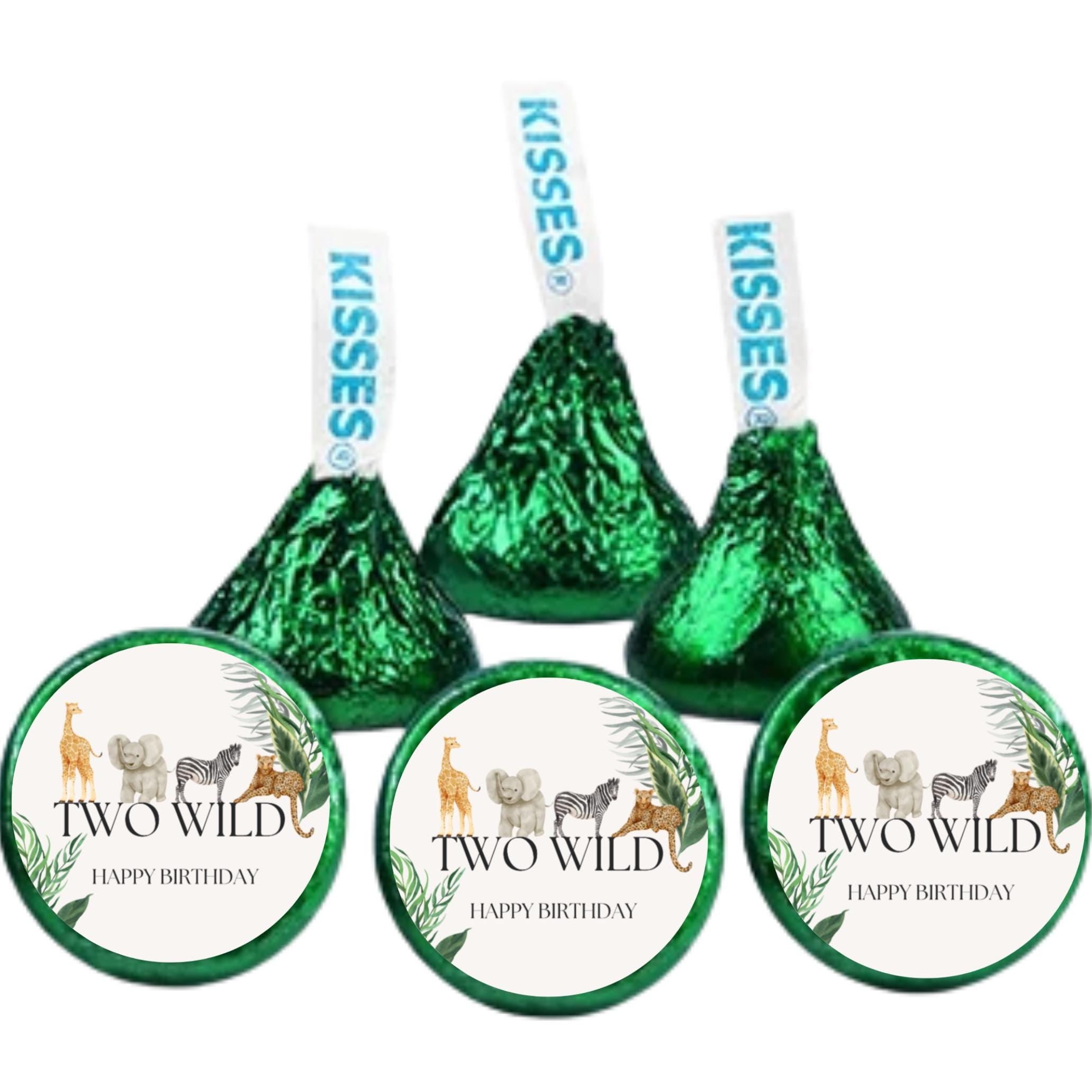 Two Wild Safari Birthday Stickers | 100 Chocolate Candy Kiss Labels | Glossy 0.75in Peel & Stick | Safari Party Table Decorations