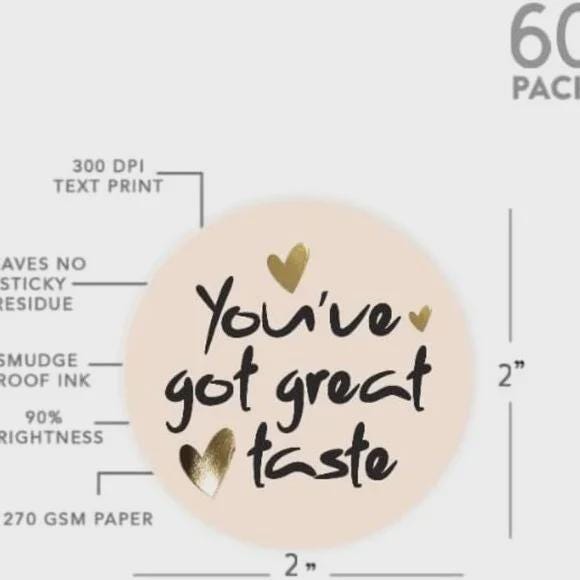 You've Got Great Taste Stickers, 2 Inch Round, 60 Pack, Tan and Gold Design