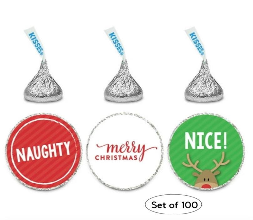 Naughty and Nice Kisses Candy Stickers | 100pcs|Glossy| Christmas Party Favors | 0.75in