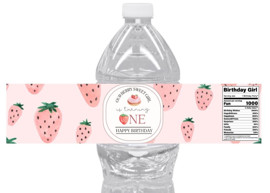 Our Berry Sweet Girl Is Turning 1| Water Bottle Labels |12pcs | Strawberry Party| 1st Birthday