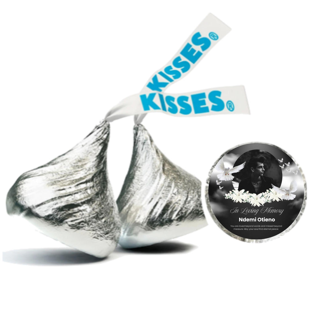 Personalized Memorial Stickers | In Loving Memory Candy Labels | 100 Glossy Candy Kiss Stickers | Custom Name Message