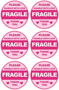 Pink Fragile Shipping Labels, Handle with Love, 2 Inch Round Thank You Stickers