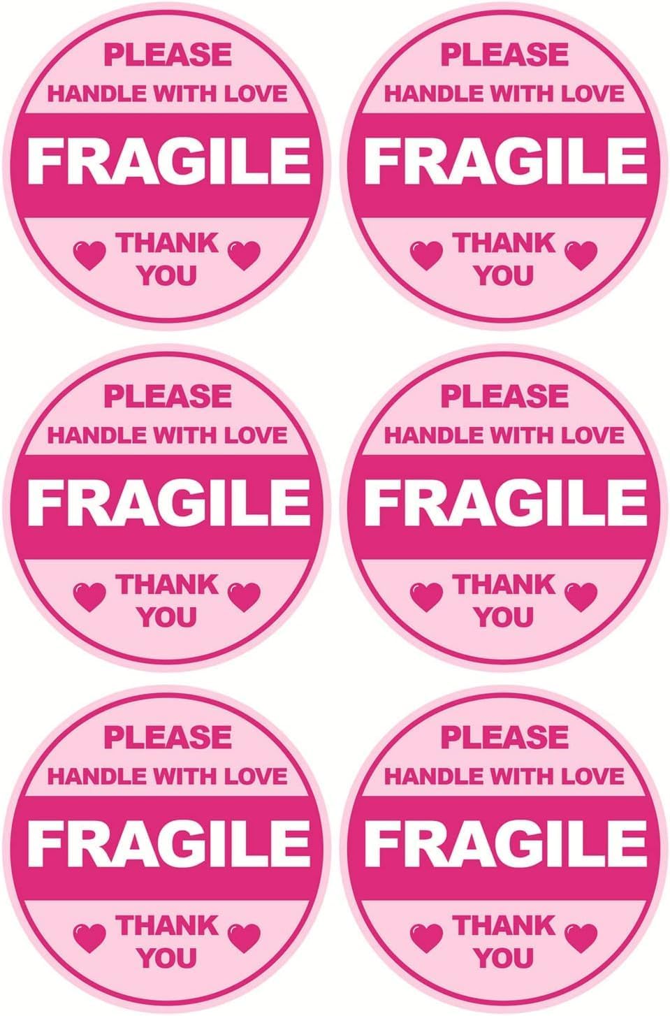 Pink Fragile Shipping Labels, Handle with Love, 2 Inch Round Thank You Stickers