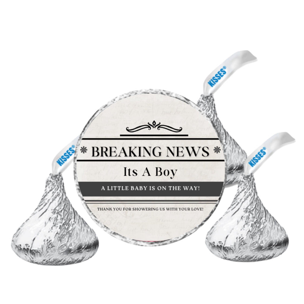 It's A Boy Newspaper Baby Shower Candy Stickers | Breaking News Labels | 100 Glossy Candy Kiss Sticker |Candy Table Accents