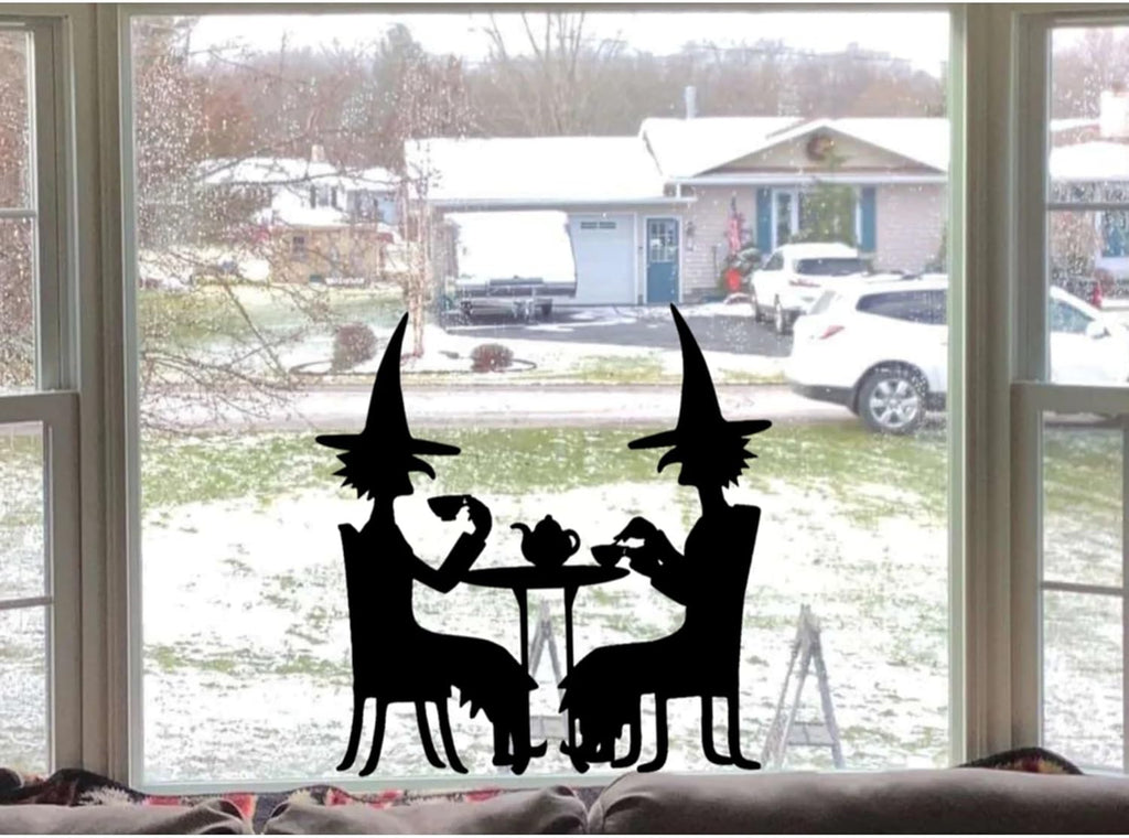 Halloween Witch Tea Party Window Silhouette Decal, Reusable Black Static Window Cling Decoration