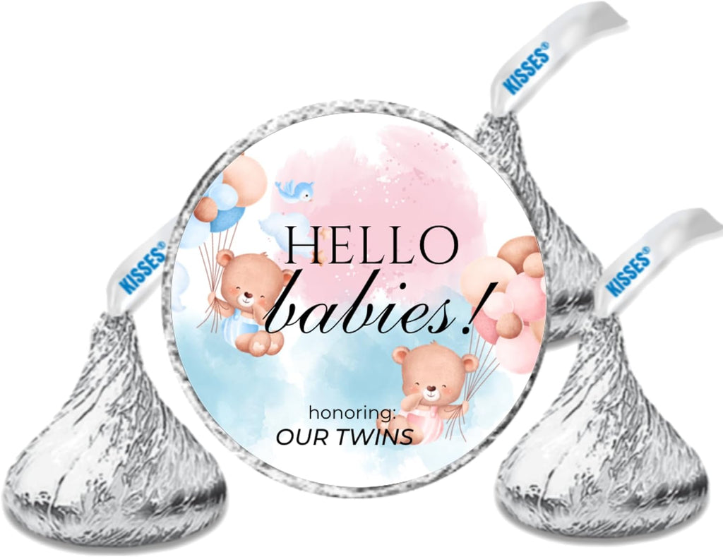 Twin Baby Shower Chocolate Candy Stickers, Hello Babies Theme, Set of 100, 0.75 Inch Round Labels, Pink and Blue Design
