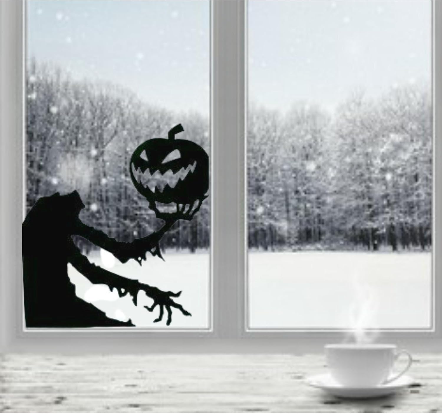 Halloween Window Decal, Spooky Zombie with Pumpkin Design, 23H x 11.5W inches, Black Silhouette