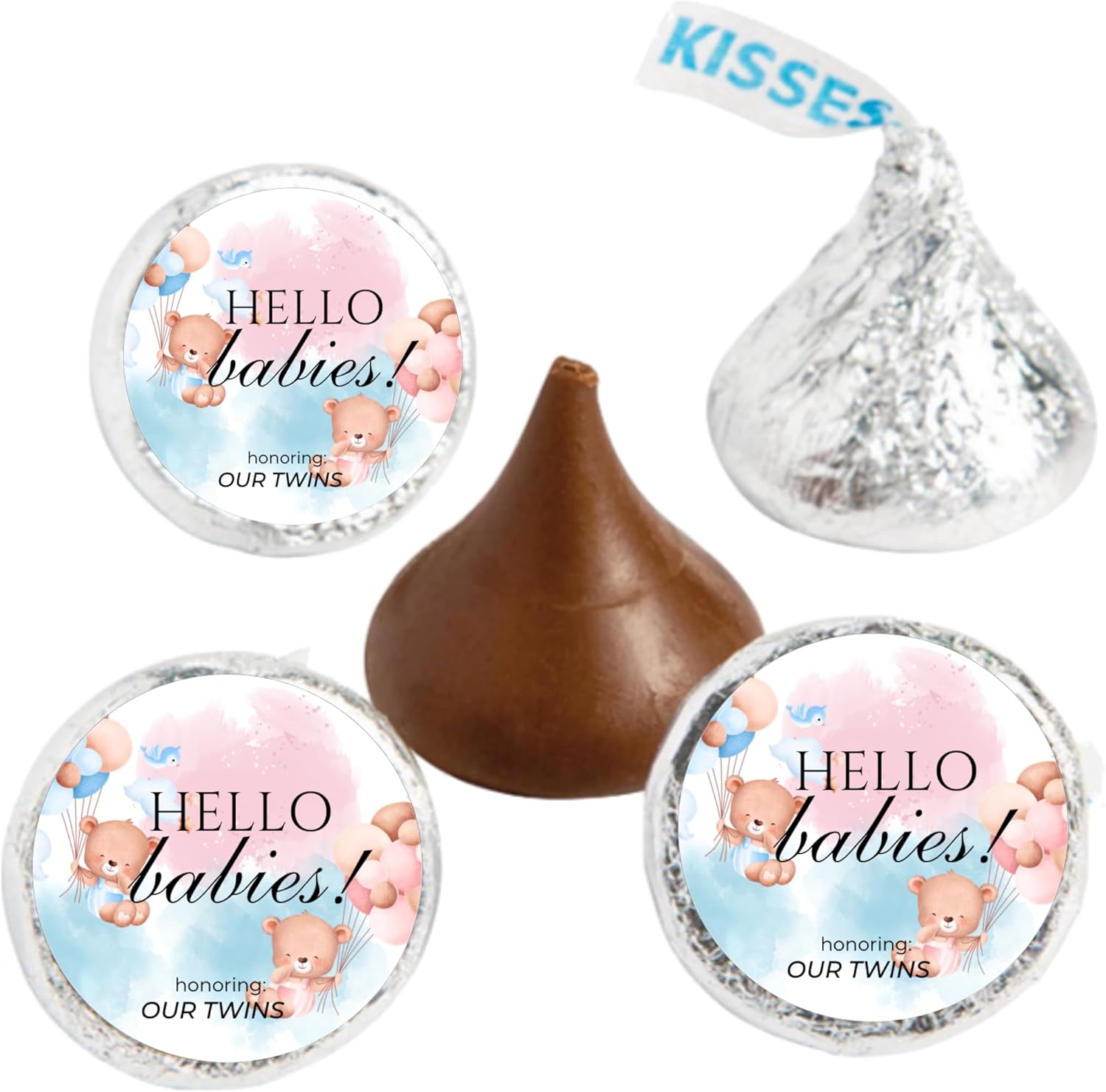 Twin Baby Shower Chocolate Candy Stickers, Hello Babies Theme, Set of 100, 0.75 Inch Round Labels, Pink and Blue Design