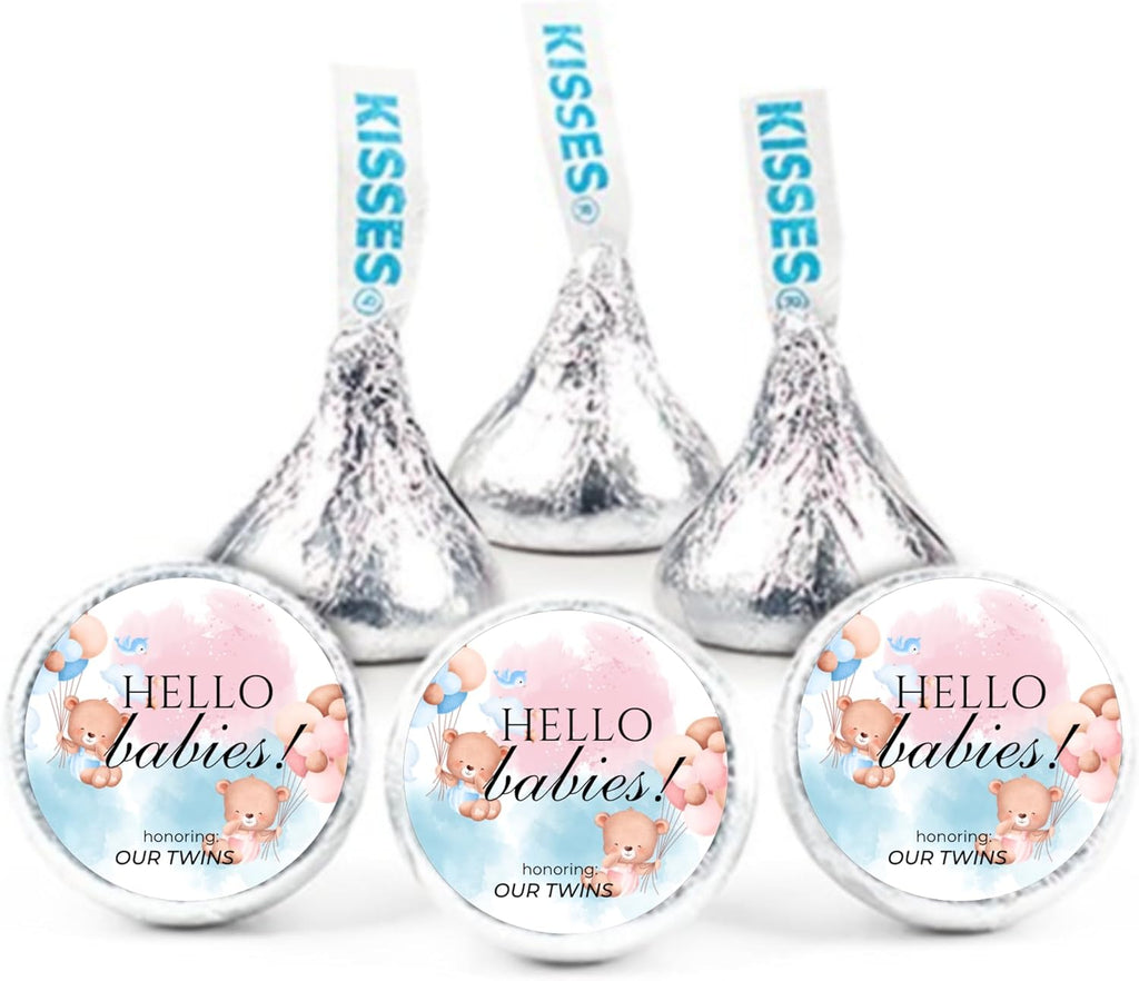 Twin Baby Shower Chocolate Candy Stickers, Hello Babies Theme, Set of 100, 0.75 Inch Round Labels, Pink and Blue Design