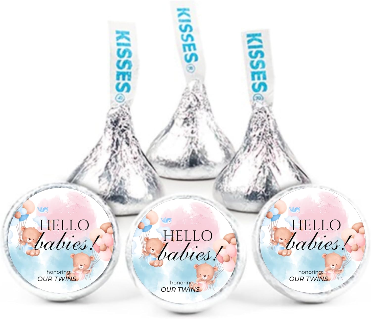 Twin Baby Shower Chocolate Candy Stickers, Hello Babies Theme, Set of 100, 0.75 Inch Round Labels, Pink and Blue Design