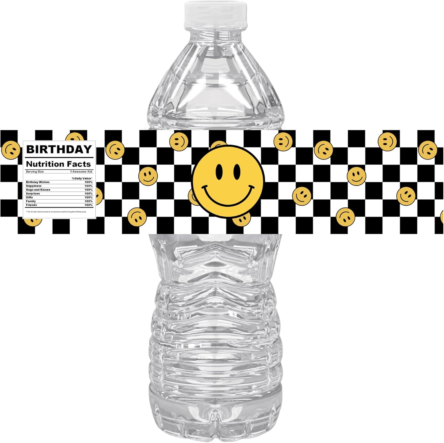 Smiley Face Birthday Water Bottle Labels | Checkered Background Party Theme | Yellow Smiley Decor | Set of 12