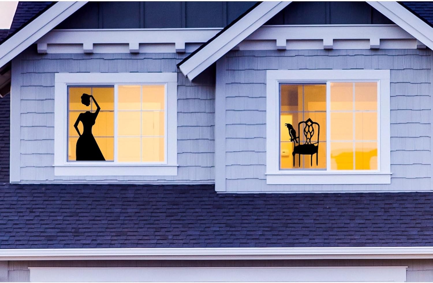 Window Cling Silhouette Decorations, Vintage Style Halloween Figure and Chair with Bird, 15x30 and 11.5x17 inches, Set of 2 Window Sticker Decals