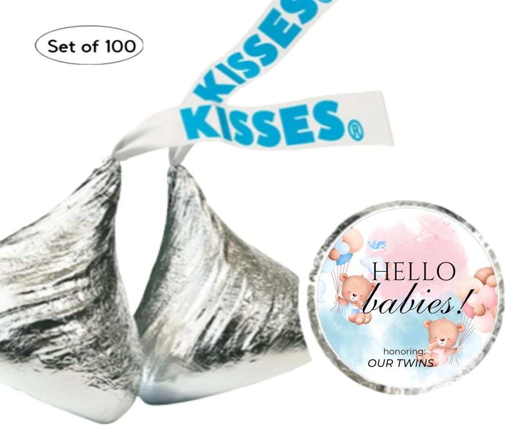 Twin Baby Shower Chocolate Candy Stickers, Hello Babies Theme, Set of 100, 0.75 Inch Round Labels, Pink and Blue Design