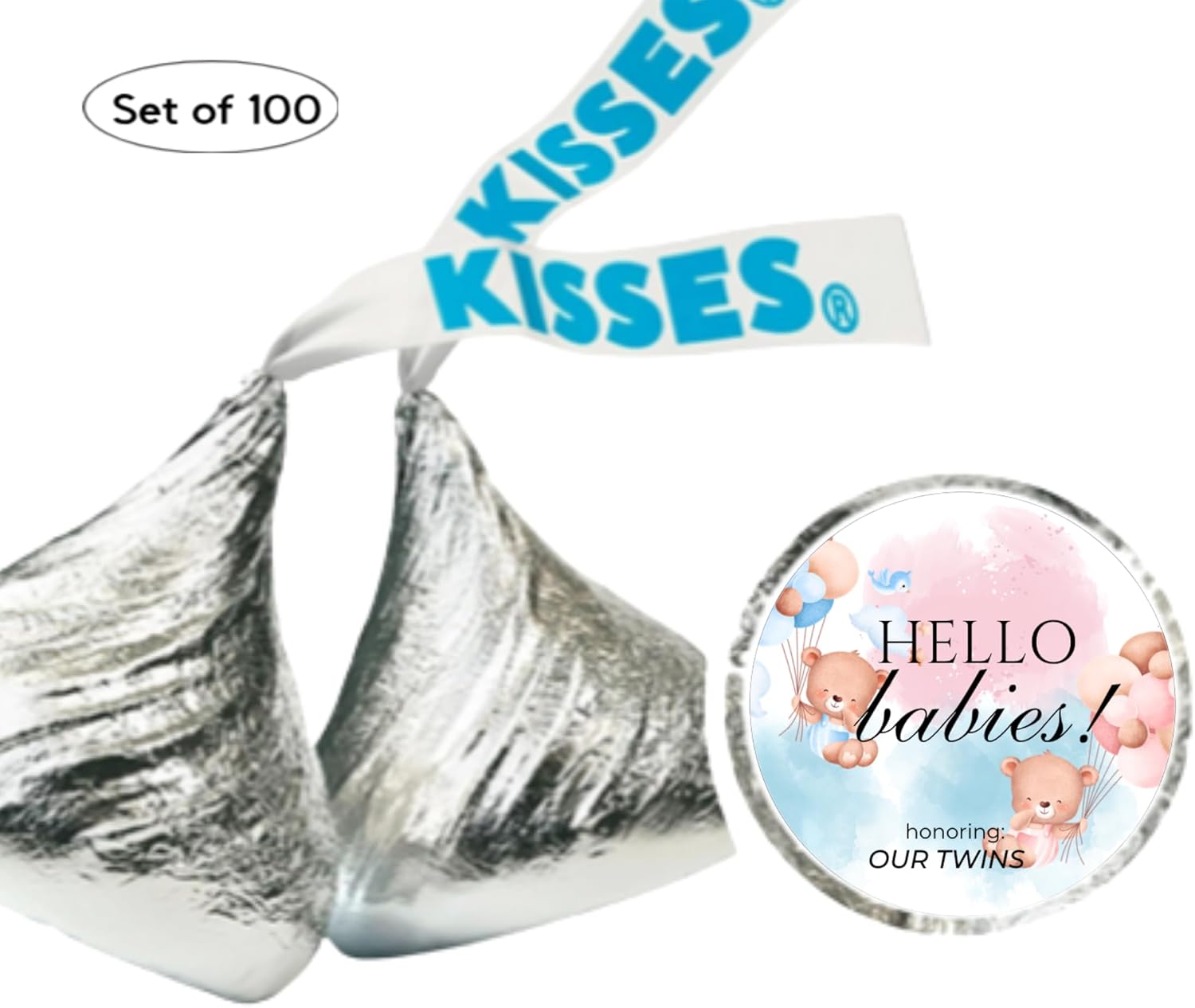 Twin Baby Shower Chocolate Candy Stickers, Hello Babies Theme, Set of 100, 0.75 Inch Round Labels, Pink and Blue Design