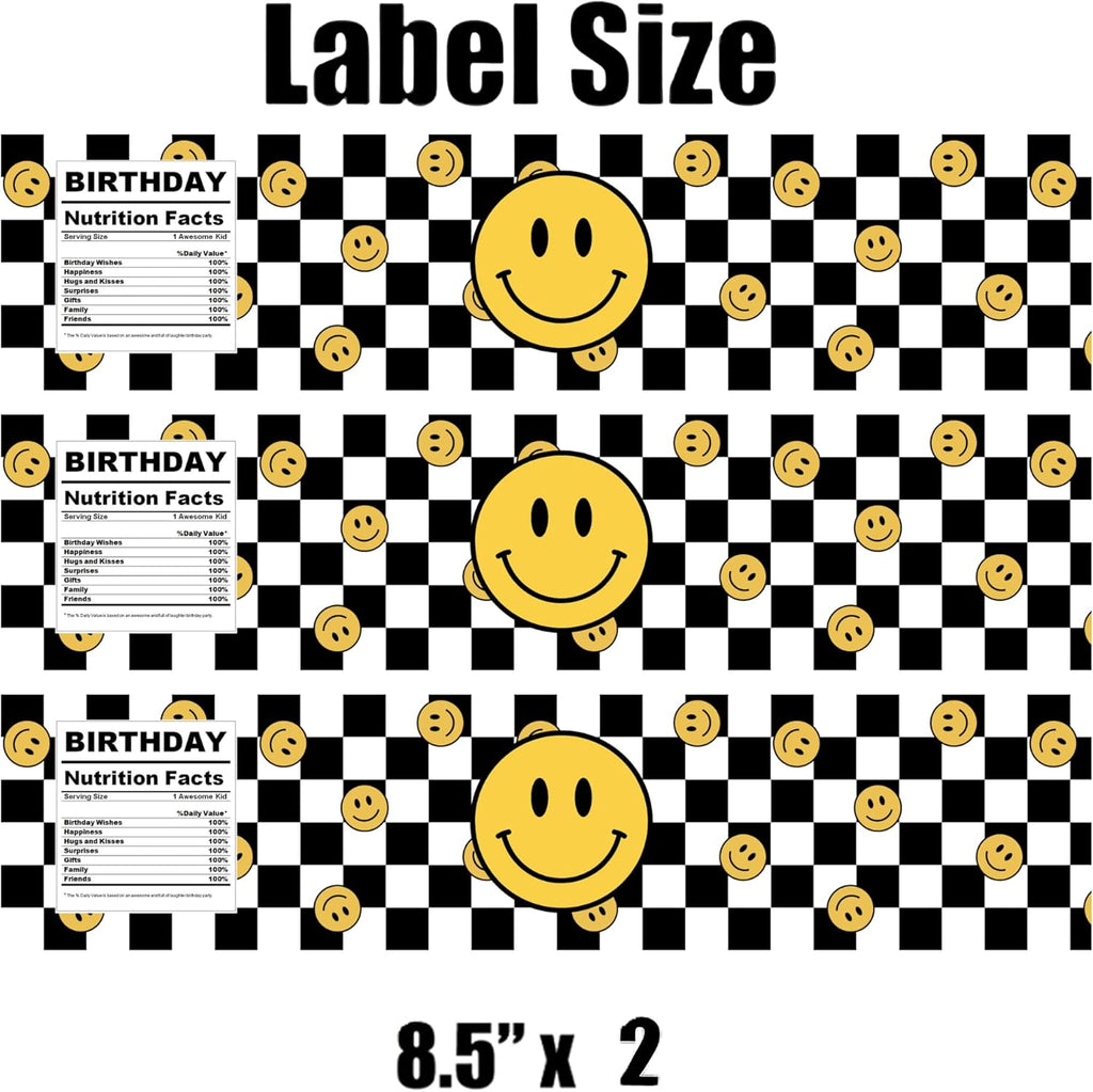 Smiley Face Birthday Water Bottle Labels | Checkered Background Party Theme | Yellow Smiley Decor | Set of 12
