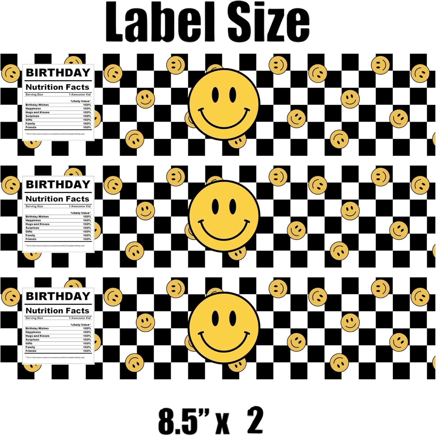 Smiley Face Birthday Water Bottle Labels | Checkered Background Party Theme | Yellow Smiley Decor | Set of 12