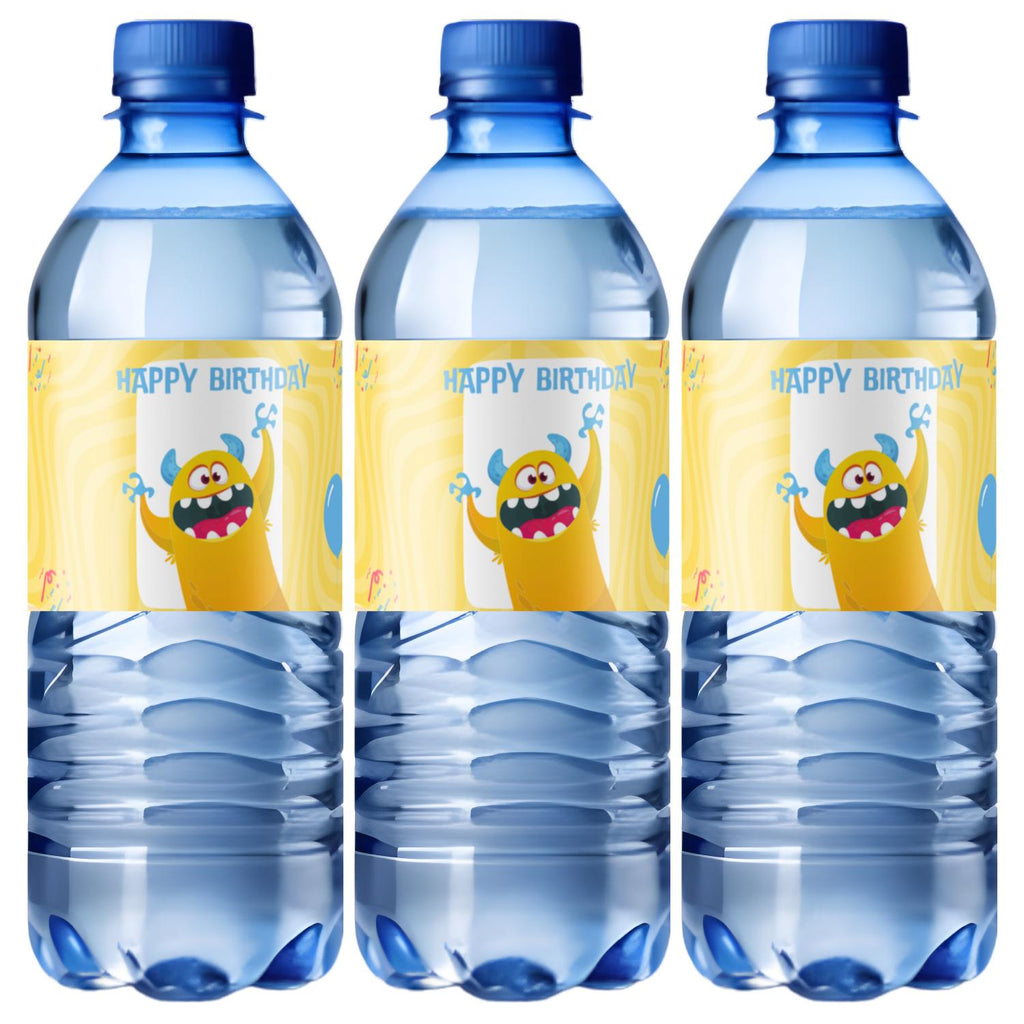 Monster Theme Birthday Water Bottle Labels | Cartoon Monster Party Decor | Happy Birthday Bottle Wraps | Glossy