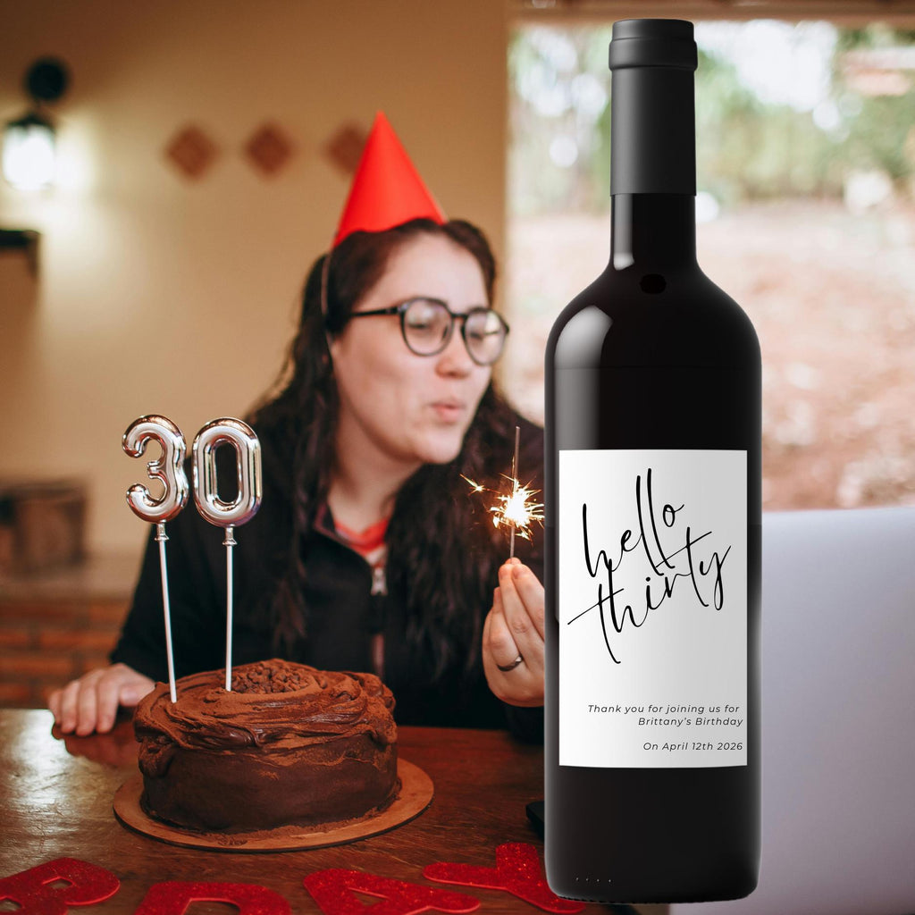 Hello Thirty Personalized 30th Birthday Wine Bottle Labels | Custom Name Bottle Decor | Glossy Finish|4pcs