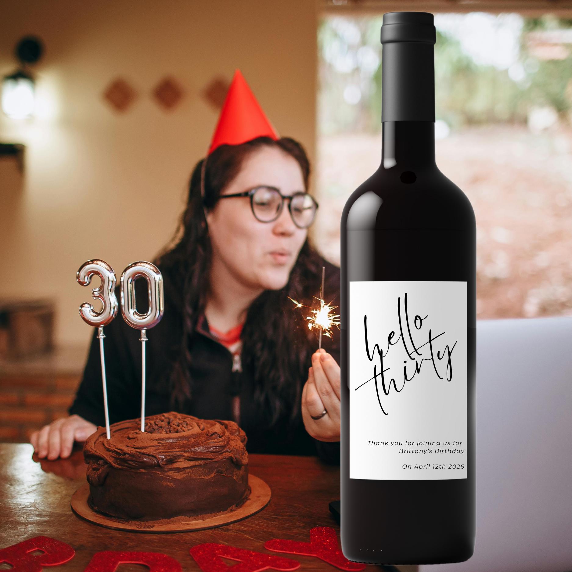 Hello Thirty Personalized 30th Birthday Wine Bottle Labels | Custom Name Bottle Decor | Glossy Finish|4pcs