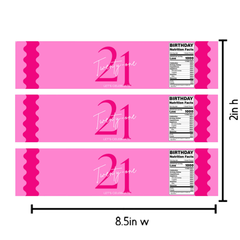 21st Birthday Water Bottle Labels | Pink Party Theme | Twenty One Lets Celebrate | Set of 12| Table Accents