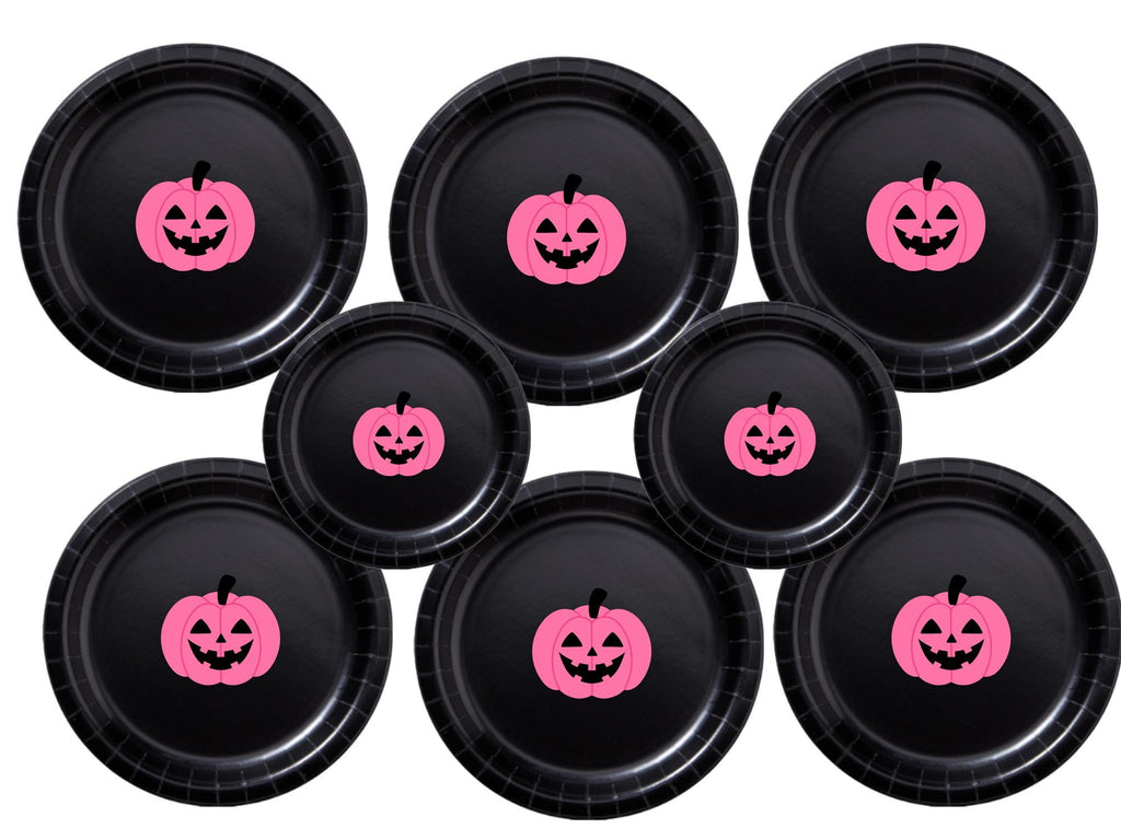 Pink Pumpkin Party Paper Plates Set | Black Halloween Tableware | 40 Piece Kit