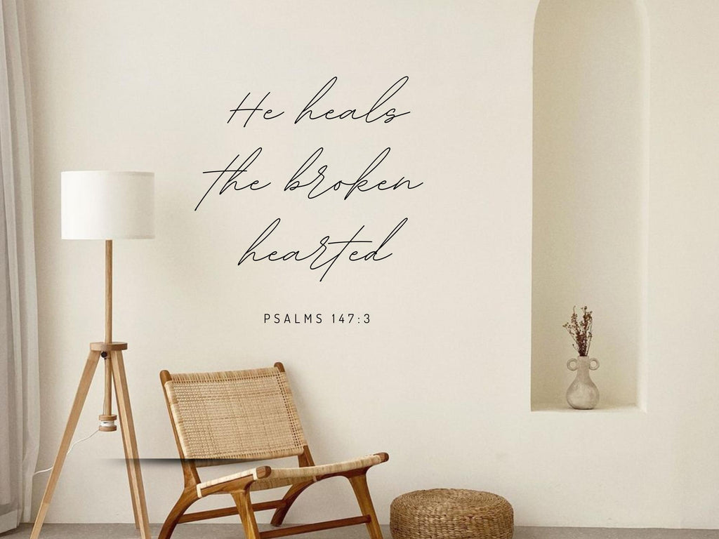 He Heals The Broken Hearted Wall Decal | Inspirational Scripture | Black Vinyl