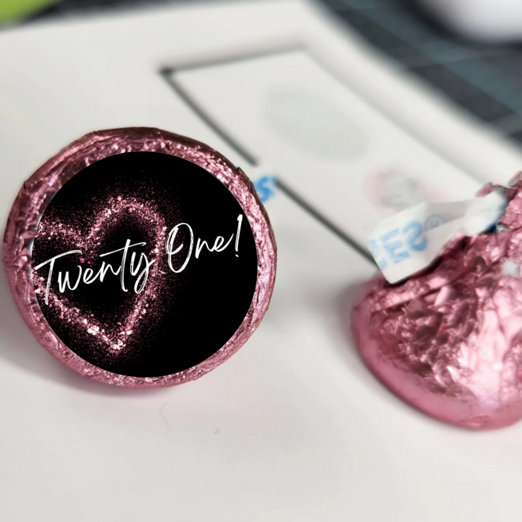 Glam 21st Birthday Kiss Candy Labels | Twenty One Text with Glitter Heart | 100