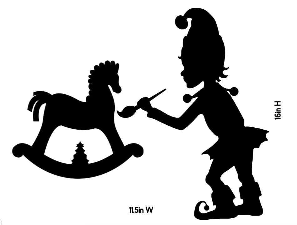 Christmas Elf Painting Rocking Horse | Reusable Window Cling Decal |Silhouette Decal|16H