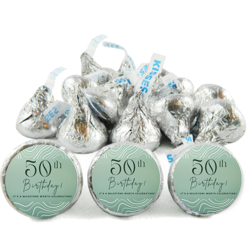 50th Birthday Stickers | 100 Chocolate Candy Kiss Labels | Glossy 0.75in Peel & Stick | Milestone Birthday Party Decorations