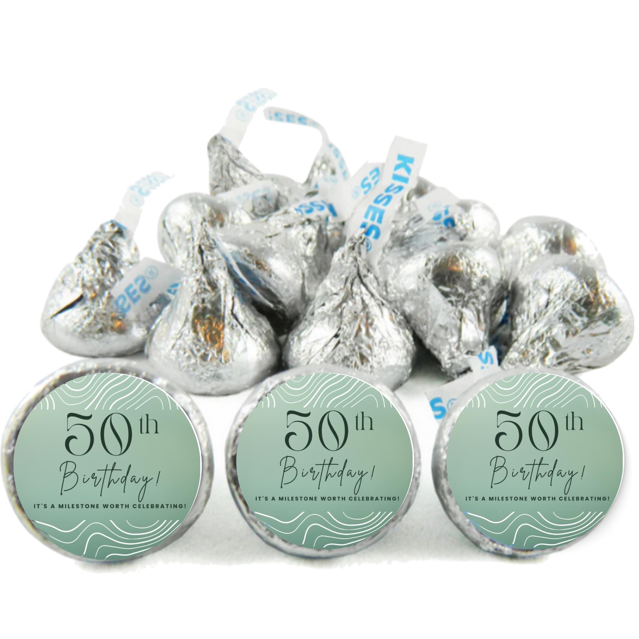 50th Birthday Stickers | 100 Chocolate Candy Kiss Labels | Glossy 0.75in Peel & Stick | Milestone Birthday Party Decorations
