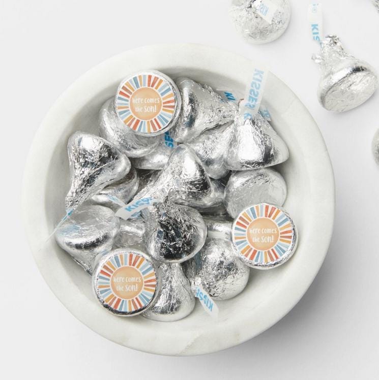 Here Comes the Son Baby Shower Chocolate Candy Labels | 0.75" Round Stickers |Peach Sunburst| 100ct|Gender Reveal Favors