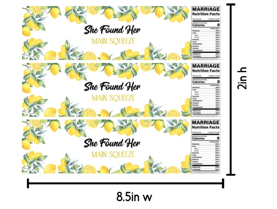 She Found Her Main Squeeze Water Bottle Labels | Wedding Favor Theme | 8.5" x 2" Glossy Vinyl | Set of 12 High Quality