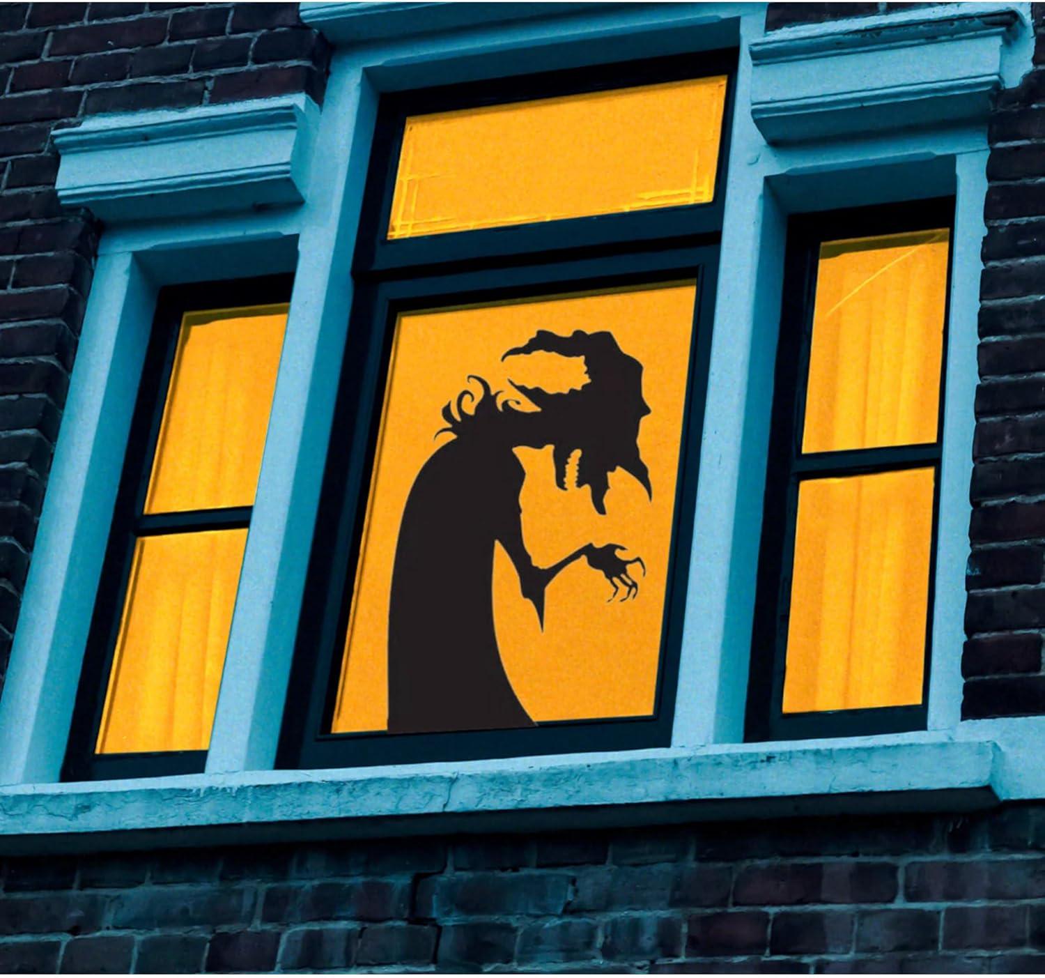 Halloween Window Silhouette Decoration, Hunch Back Witch Shadow Design, 23.996H, 3-Piece Set, Halloween Sticker Decal
