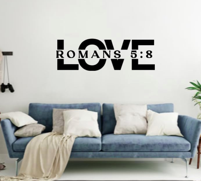Religious Wall Art Romans 5:8 Love Typography, Black Modern Print, 23.5 x 7.6 inches, Adhesive Vinyl Decal for Indoor Home Decor