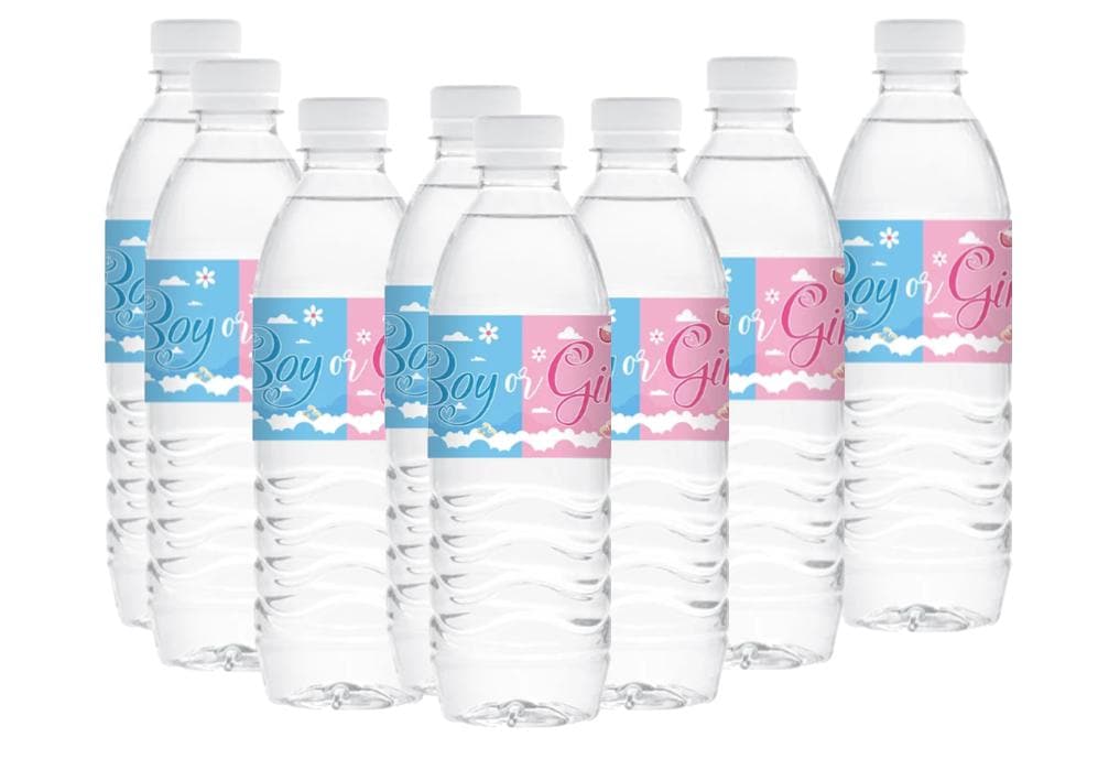 Boy or Girl | Gender Reveal Water Bottle Labels | Blue and Pink | Set of 12 | Waterproof & Durable