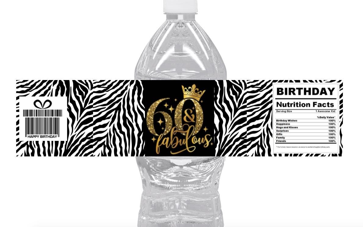60 & Fabulous Water Bottle Labels- 60th Birthday Party Water Bottle Labels - 12