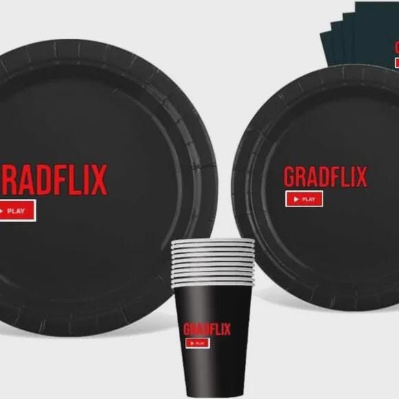 Gradflix Party Paper Supply Set, Black Paper Plates, Napkins and Cups, Movie