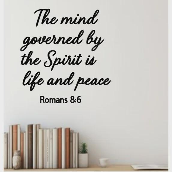 Religious Wall Decal, Romans 8:6 Bible Verse Quote, 11.5x12 inches, Black Script