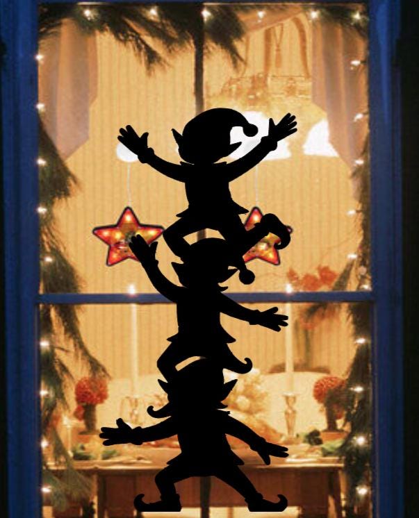 Stacked Elves Window Cling | Christmas Silhouette Decal | Large Reusable Holiday Decor