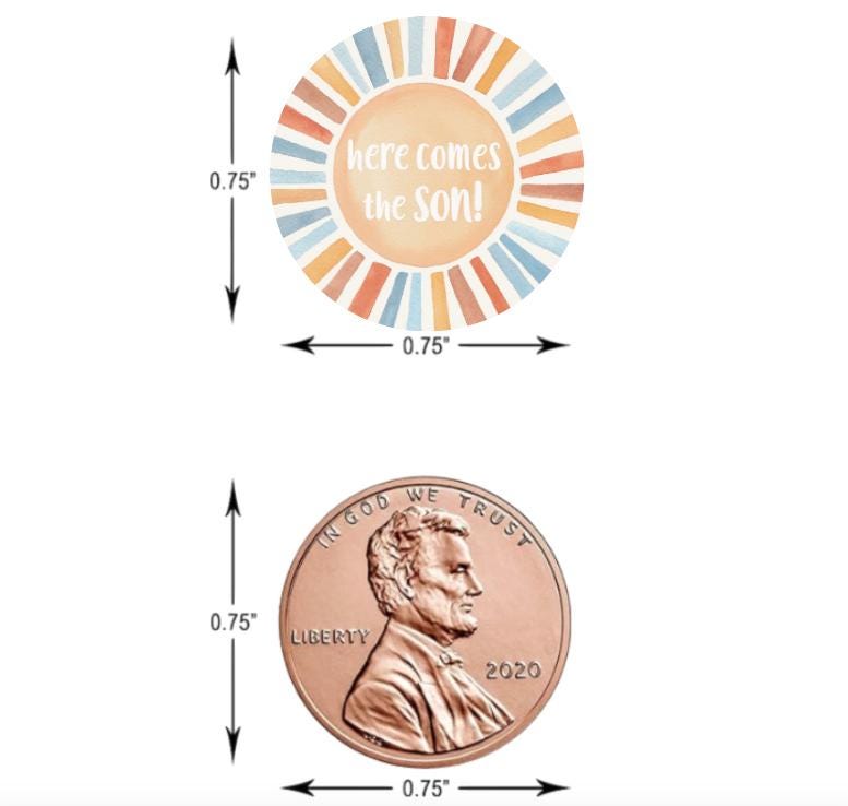 Here Comes the Son Baby Shower Chocolate Candy Labels | 0.75" Round Stickers |Peach Sunburst| 100ct|Gender Reveal Favors