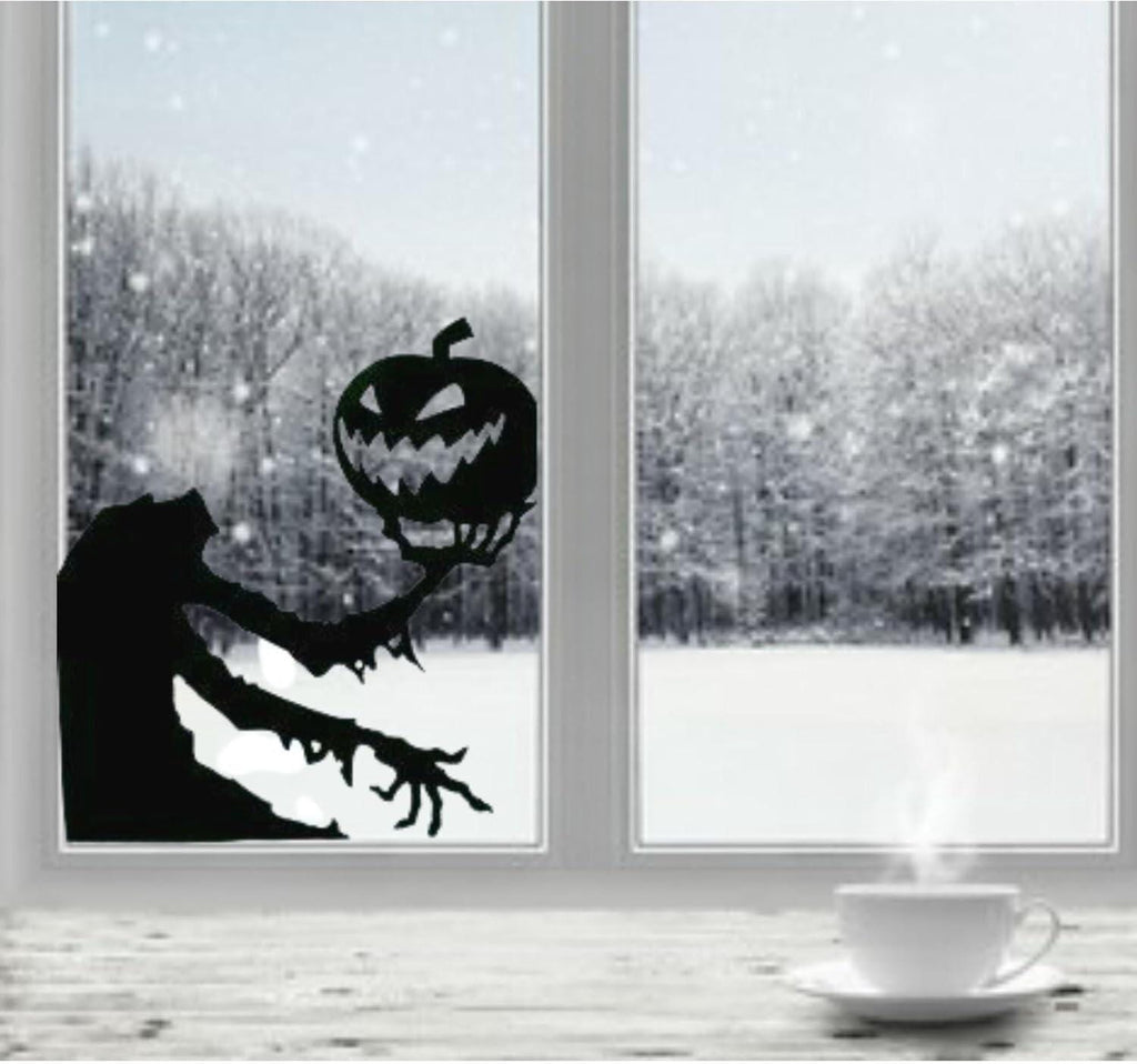 Halloween Window Decal, Spooky Zombie with Pumpkin Design, 23H x 11.5W inches