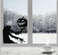 Halloween Window Decal, Spooky Zombie with Pumpkin Design, 23H x 11.5W inches