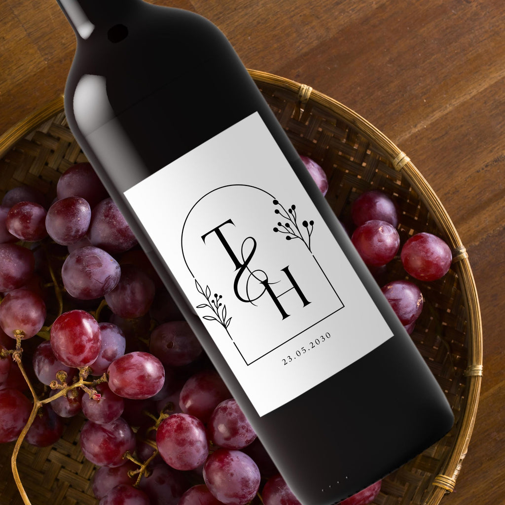 Elegant Floral Wedding Wine Labels | Personalized Initials & Date | Set of 4 Wine Bottle Wraps | Self Adhesive